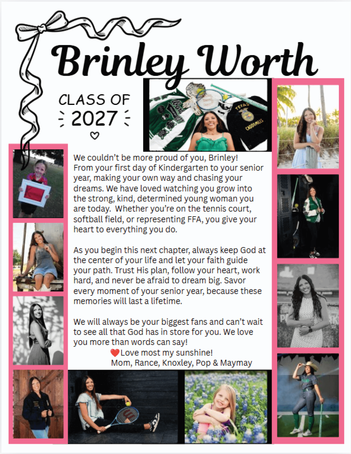 A celebratory collage for a graduating class featuring a congratulatory message, photos of a person in various outfits and settings, and images of graduation caps and gowns. Descripci n generada con IA