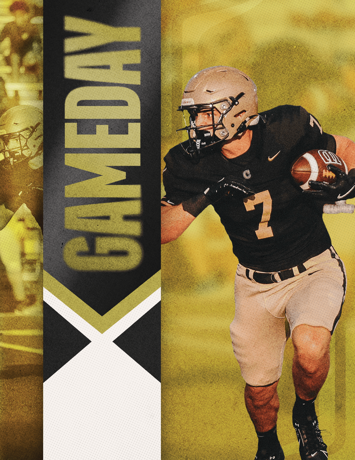 A person wearing a football uniform with the number seven is running while holding a football, with the word “GAMEDAY" displayed vertically on the left side of the image. Description generated by AI