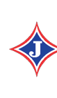 A blue diamond shape with a white letter J in the center is outlined by a thin white border and a thicker red border. Description generated by AI