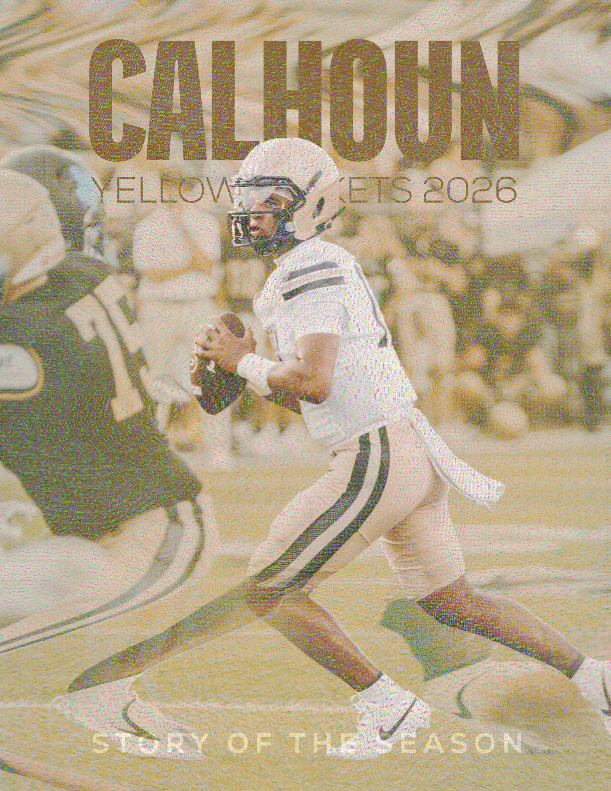 A person in a white football uniform and helmet is preparing to throw a football on a field with blurred spectators in the background and the text “CALHOUN YELLOW JACKETS 2036 STORY OF THE SEASON" overlaid. Description generated by AI