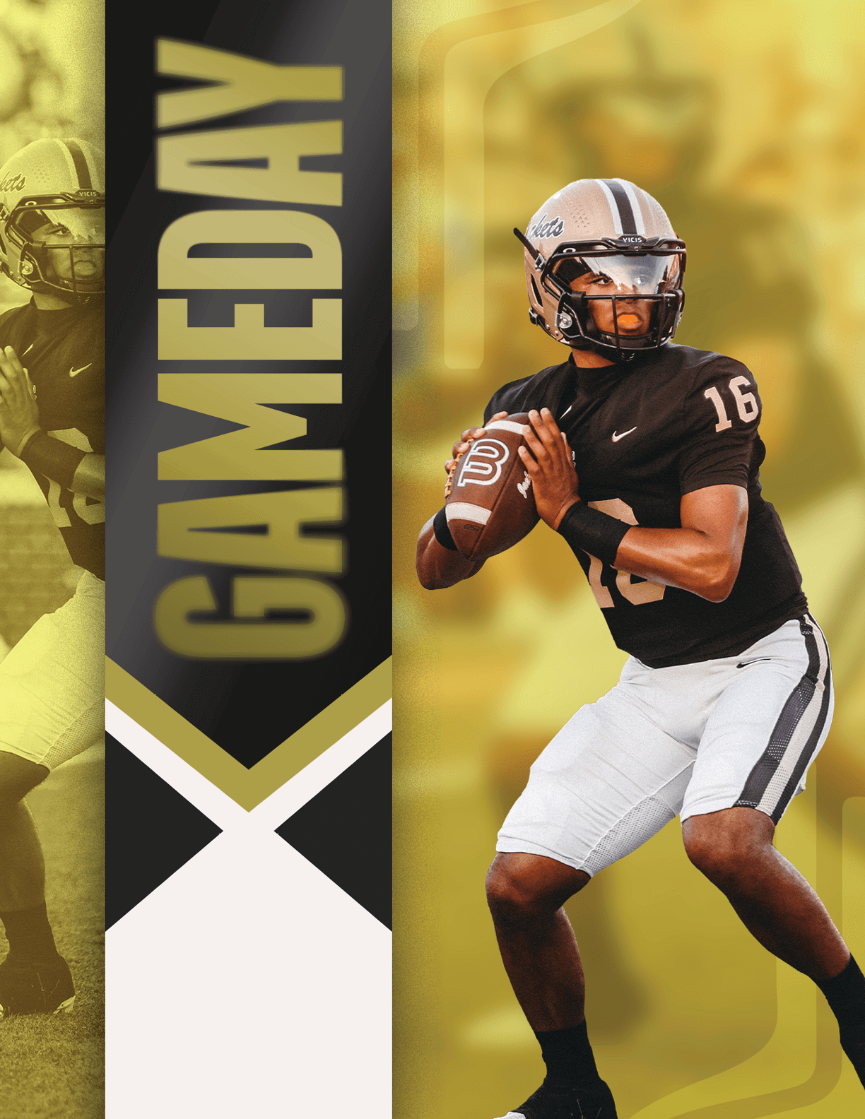 A person wearing a football uniform with the number 16 is holding a football in a ready-to-throw position next to a vertical banner that says “GAMEDAY." Description generated by AI