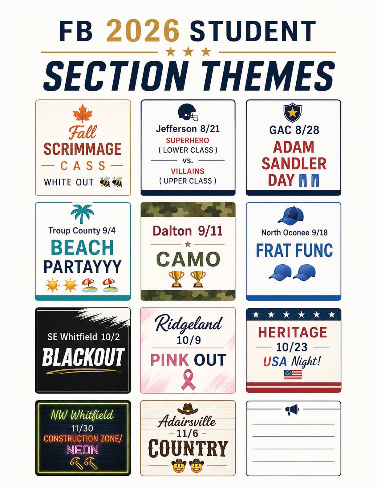 A colorful graphic displays themed event titles and dates for a 2026 student section including fall scrimmage, superhero vs villains, Adam Sandler day, beach party, camo, frat func, blackout, pink out, USA night, construction zone neon, and country themes. Description generated by AI