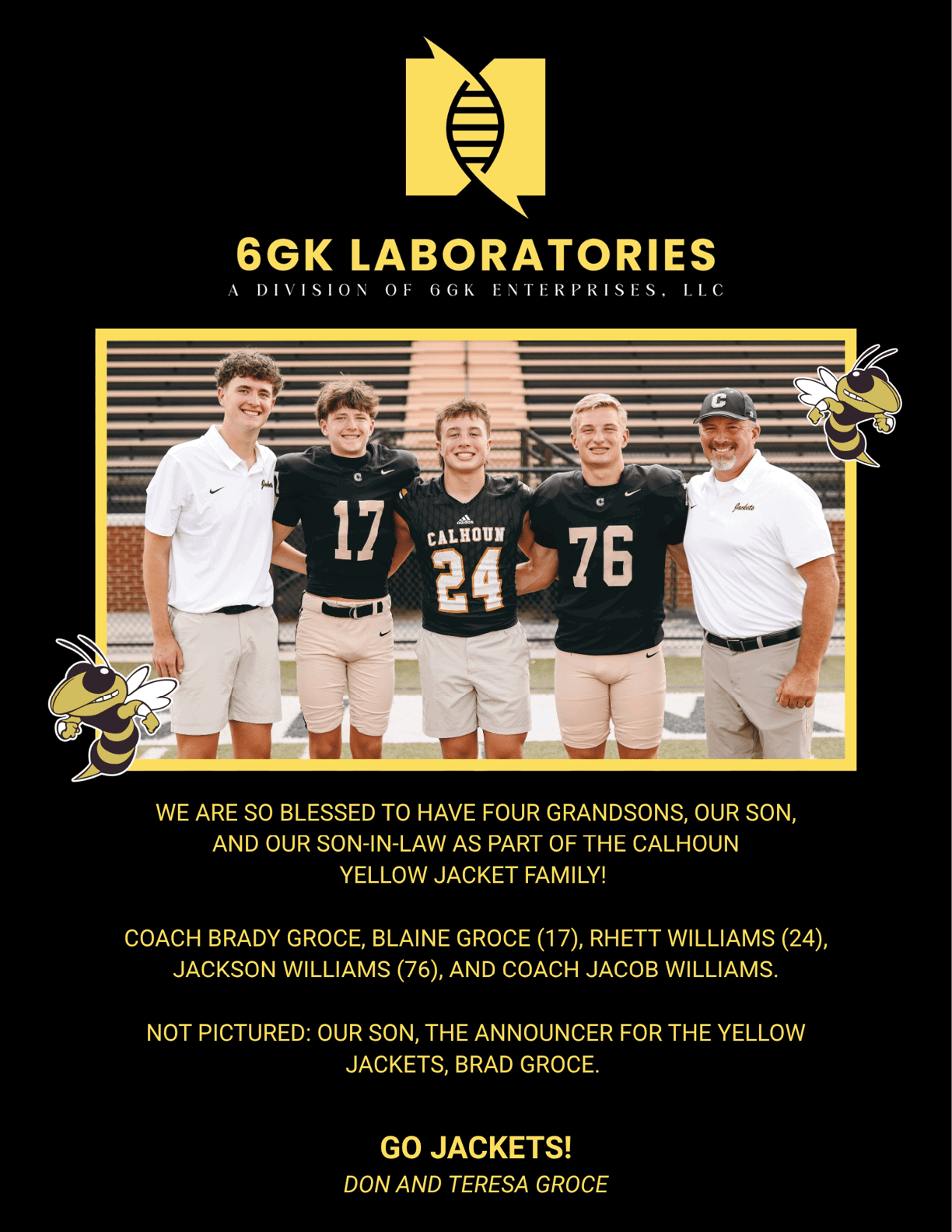 Five people stand smiling on a sports field with three wearing football uniforms and two wearing white polo shirts, surrounded by yellow jacket mascot graphics and text expressing pride in family members involved with the Calhoun Yellow Jackets football team. Description generated by AI
