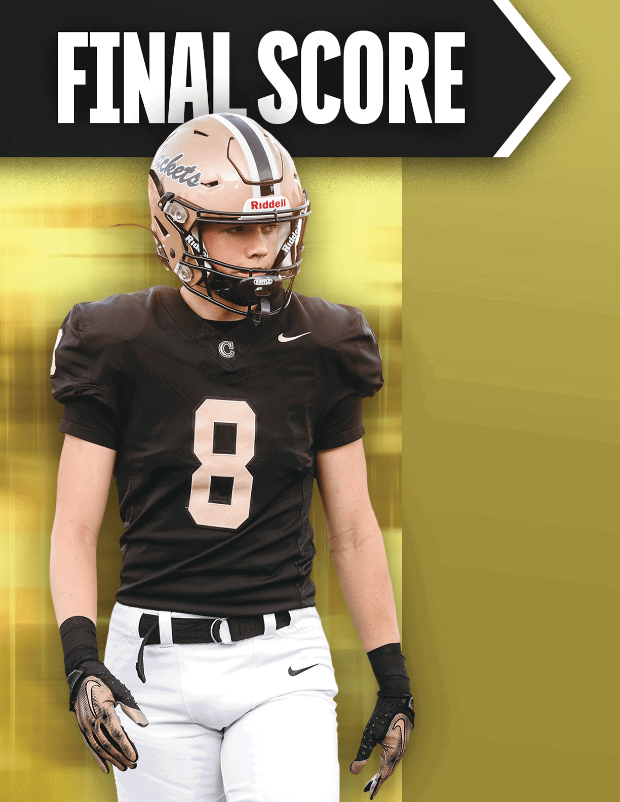 A person wearing a black football jersey with the number 8, white pants, gloves, and a gold helmet stands against a yellow and gold background with the words final score above. Description generated by AI