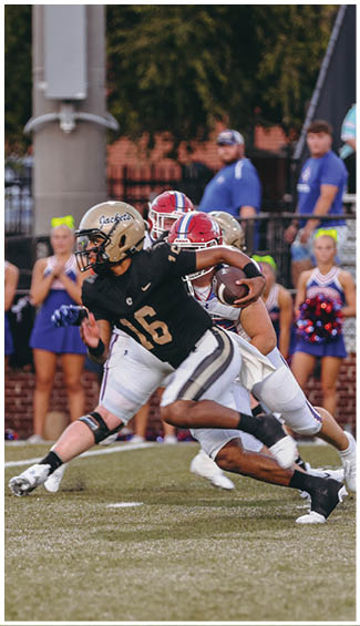 A football player running on the field. Description generated by AI