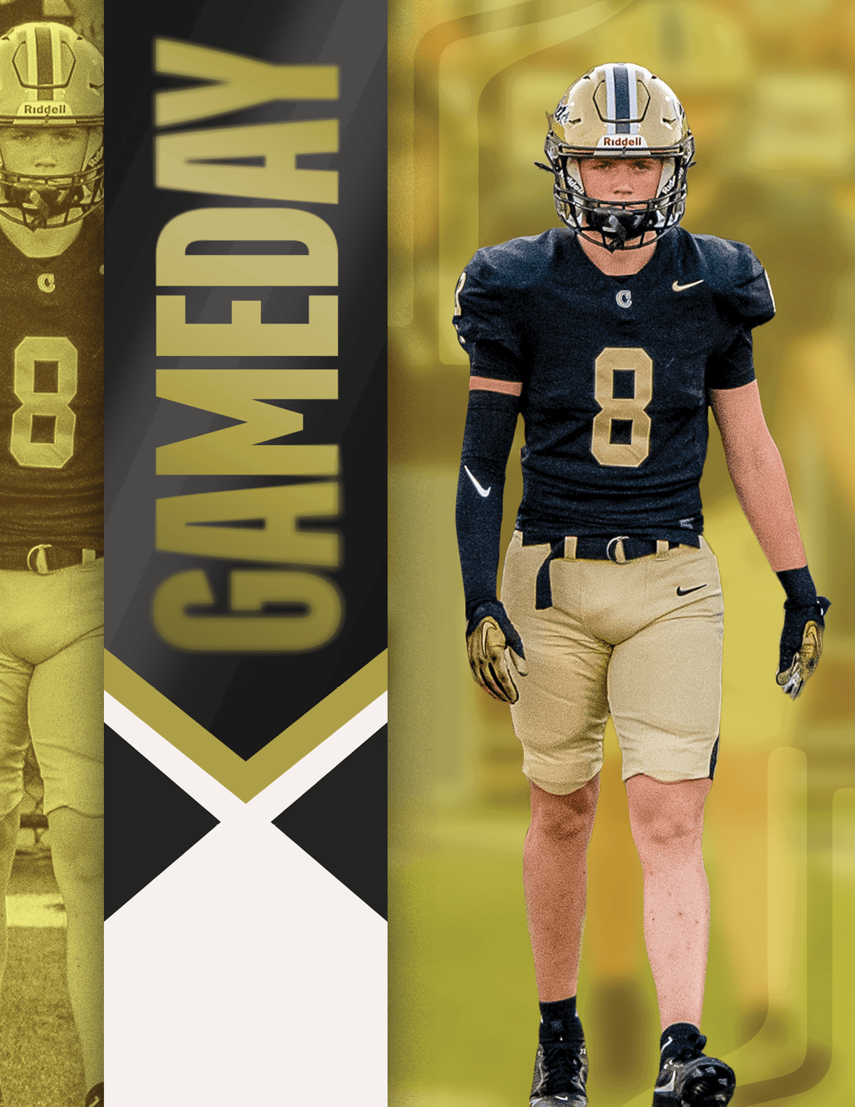 A person wearing a black and gold football uniform with the number 8 stands next to a vertical banner that reads GAMEDAY. Description generated by AI