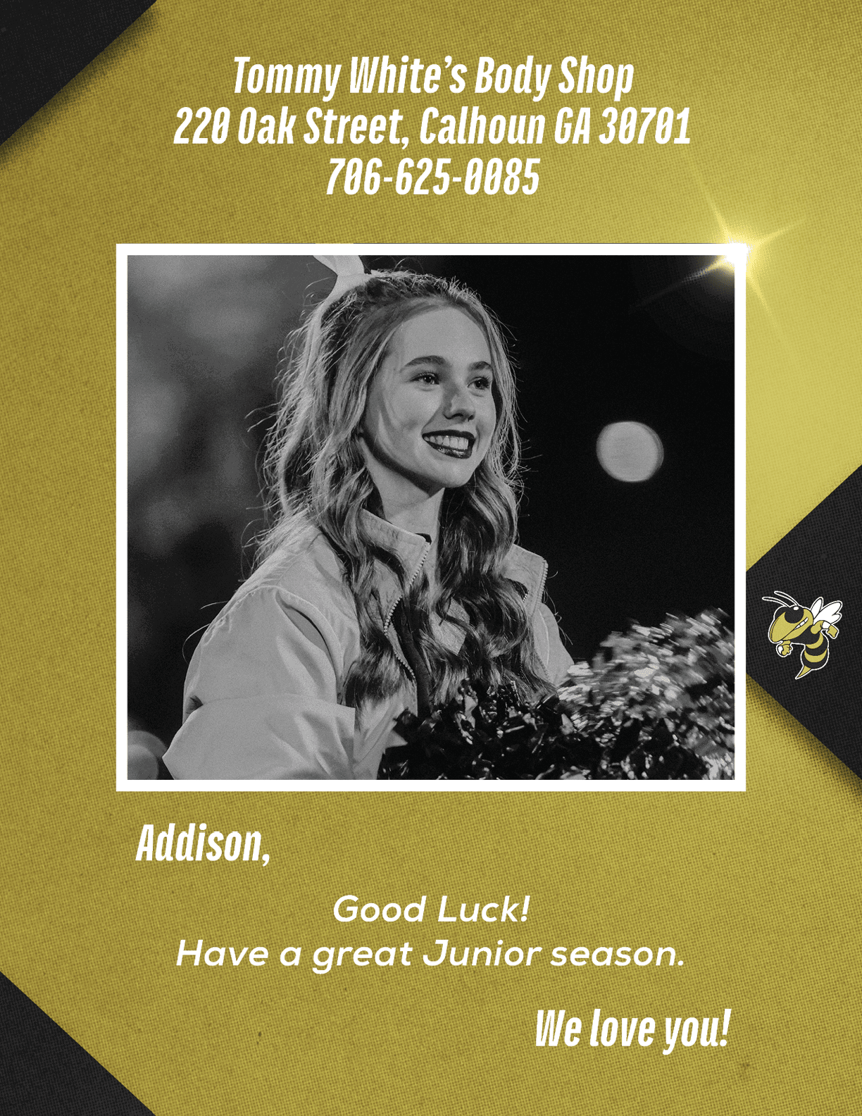 A smiling person with long wavy hair is holding a bouquet of flowers in a black and white photo framed by a gold background with text wishing Addison good luck for the junior season from Tommy White's Body Shop. Description generated by AI