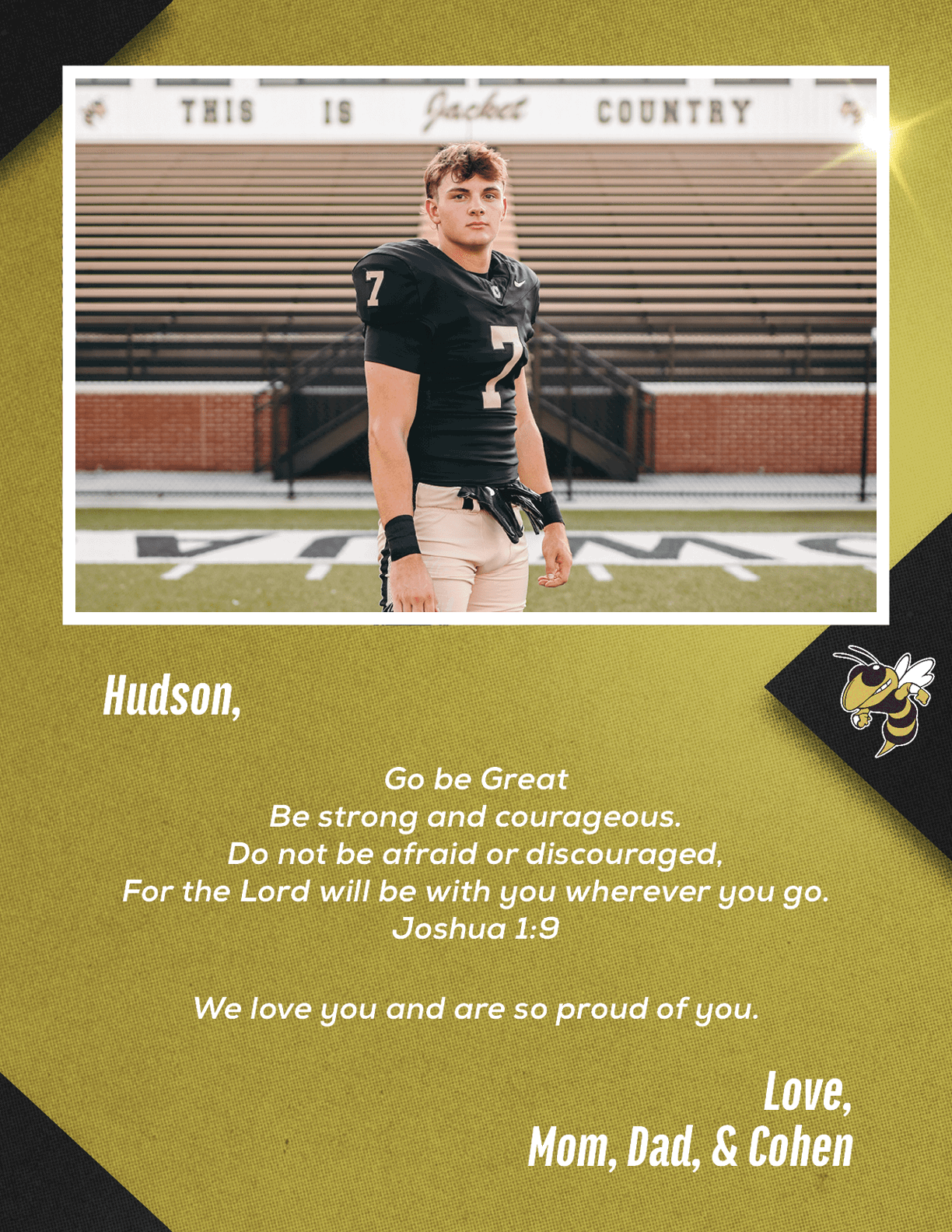 A person wearing a black football uniform with the number seven stands on a football field with empty bleachers behind, accompanied by a heartfelt message of encouragement and love from family. Description generated by AI