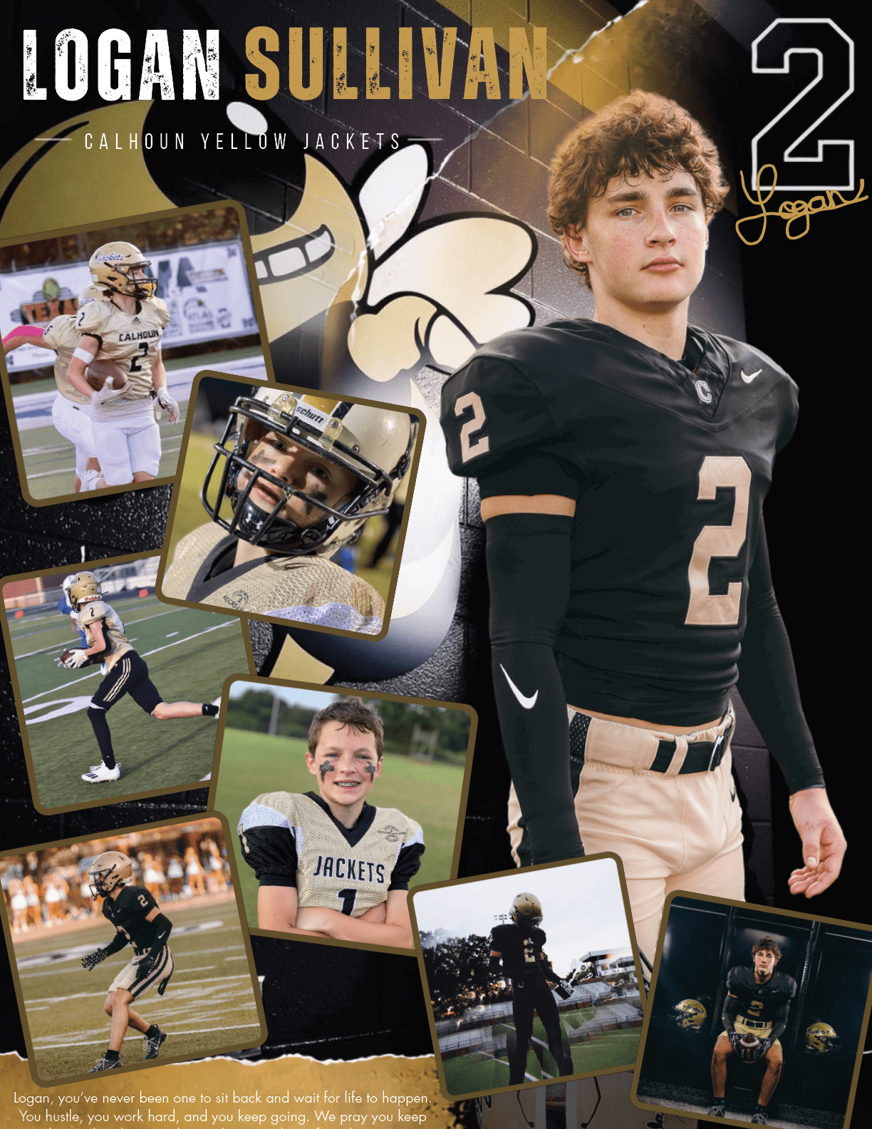 A sports collage features a person in a black football uniform with the number 2, surrounded by action shots of the same person playing football in various uniforms and settings, with text highlighting the name Logan Sullivan and the Calhoun Yellow Jackets. Description generated by AI