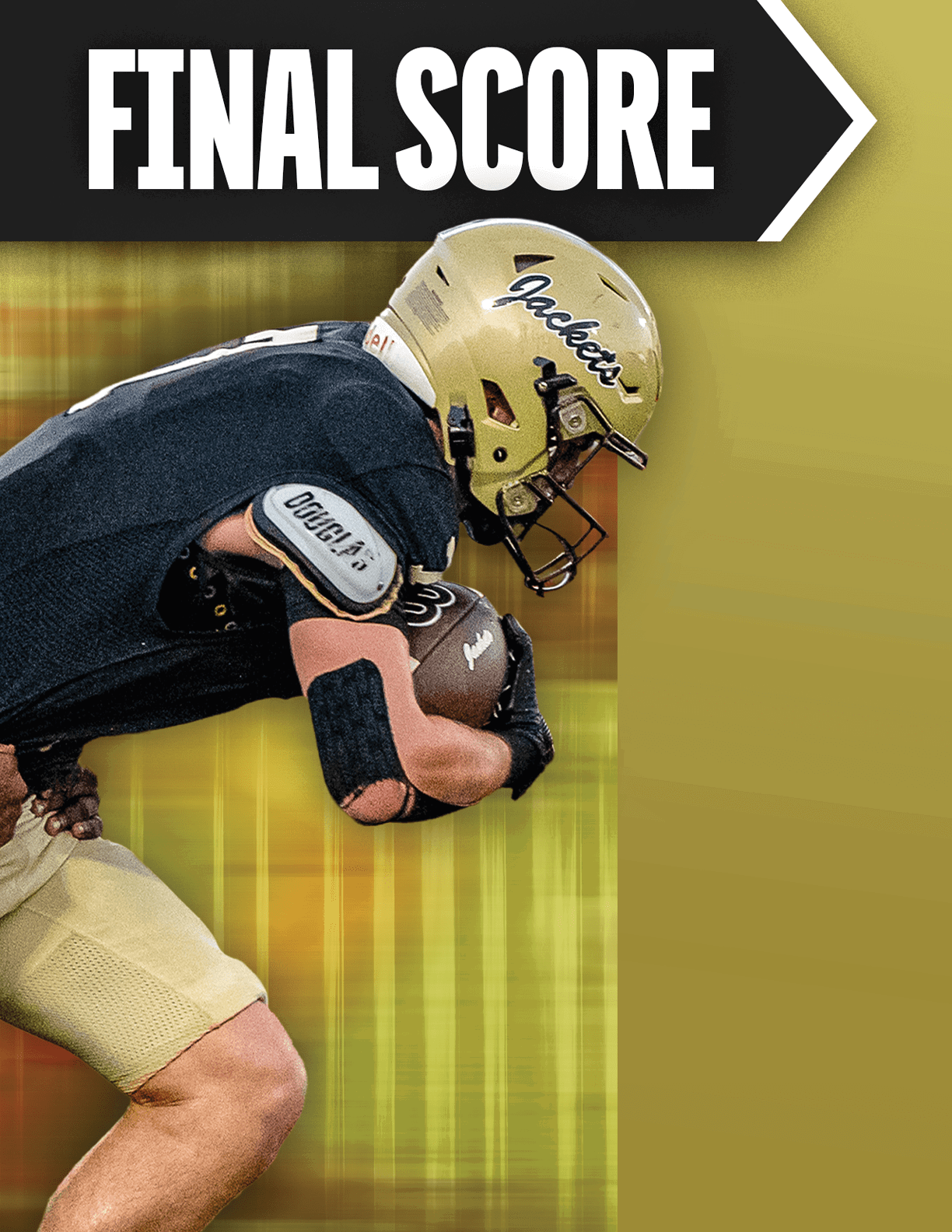 A person wearing a football uniform and helmet is holding a football and running, with a graphic text above them that says “FINAL SCORE." Description generated by AI