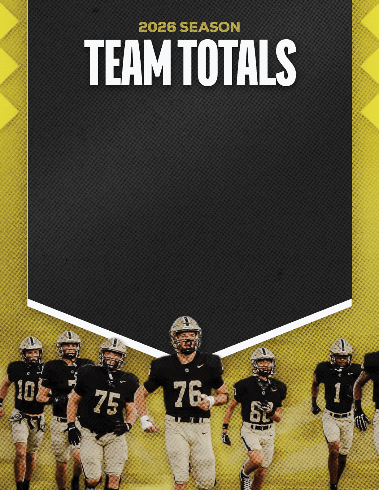 A group of people in football uniforms is running forward beneath a black and yellow banner that reads 2026 season team totals. Description generated by AI