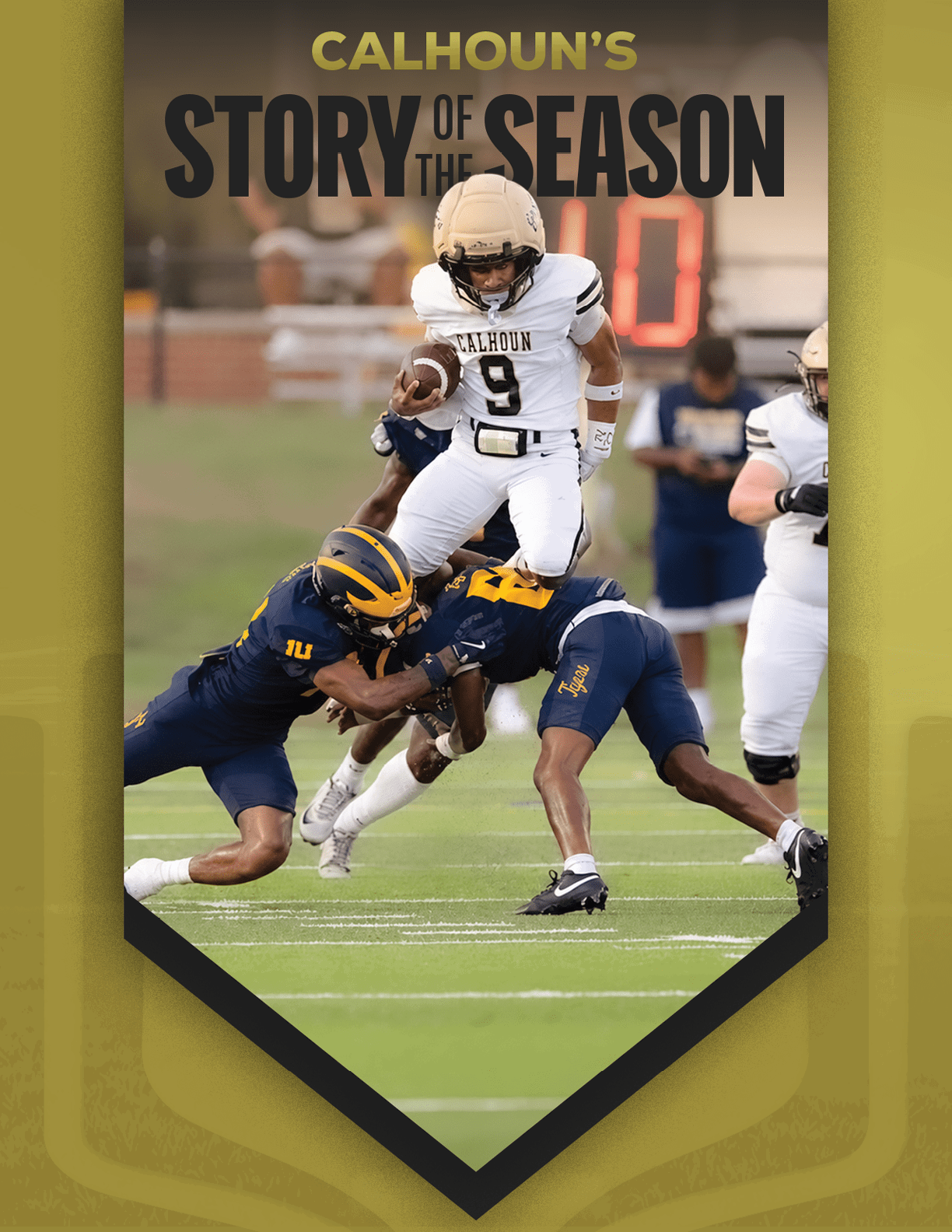 A person in a white football uniform with the number 9 is jumping over two people in blue and yellow football uniforms attempting to tackle them on a football field with a blurred background. Description generated by AI