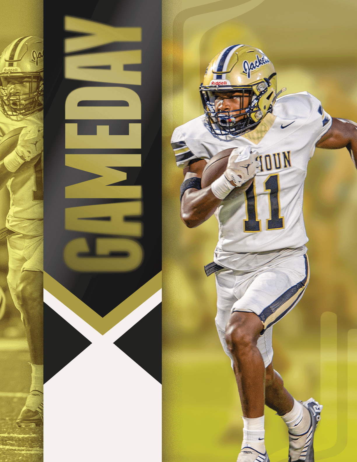 A person wearing a black and gold football uniform with the number 8 stands next to a vertical banner that reads GAMEDAY. Description generated by AI