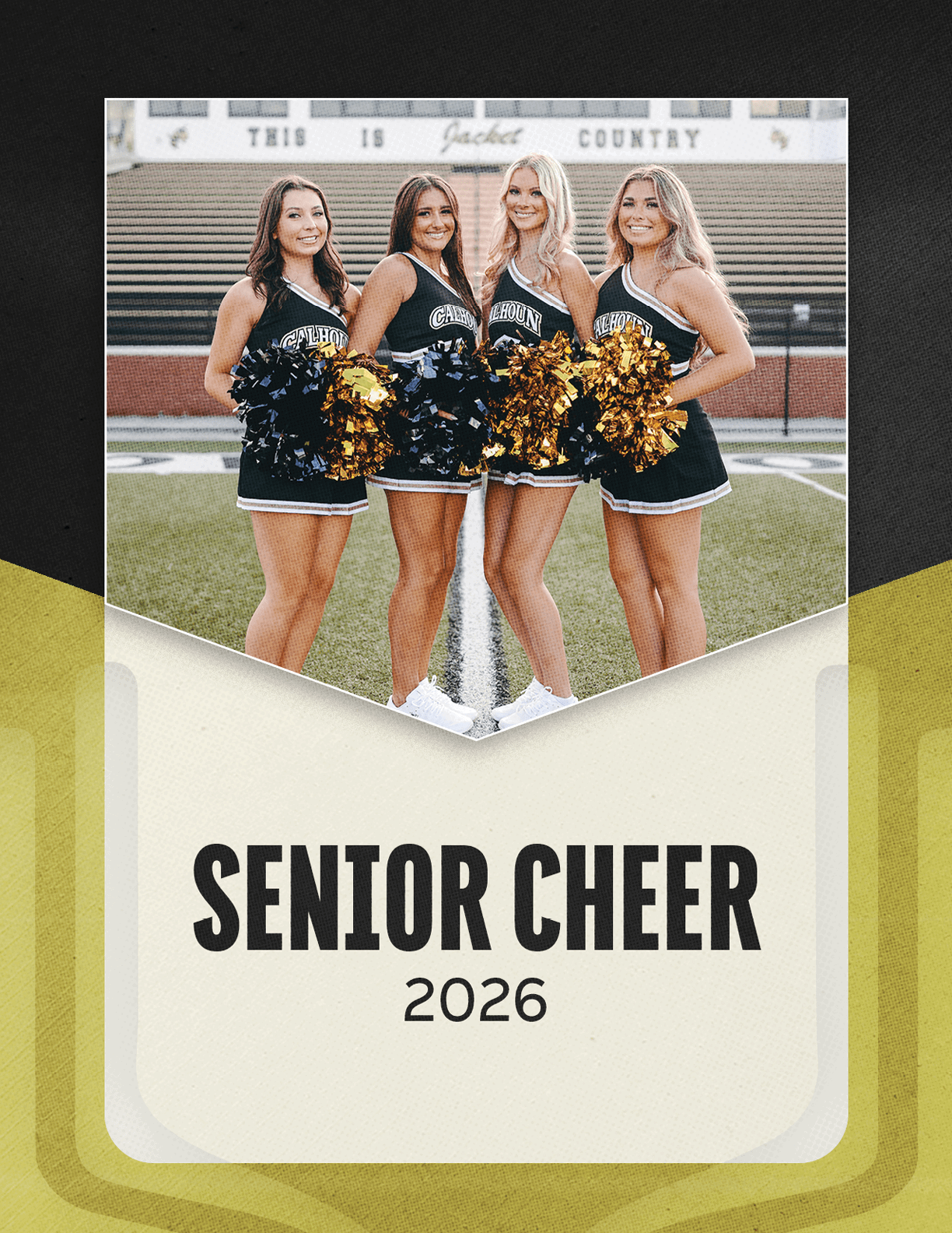 Four adults in cheerleading uniforms holding gold and black pom-poms stand together on a sports field with bleachers in the background above the text senior cheer 2026. Description generated by AI