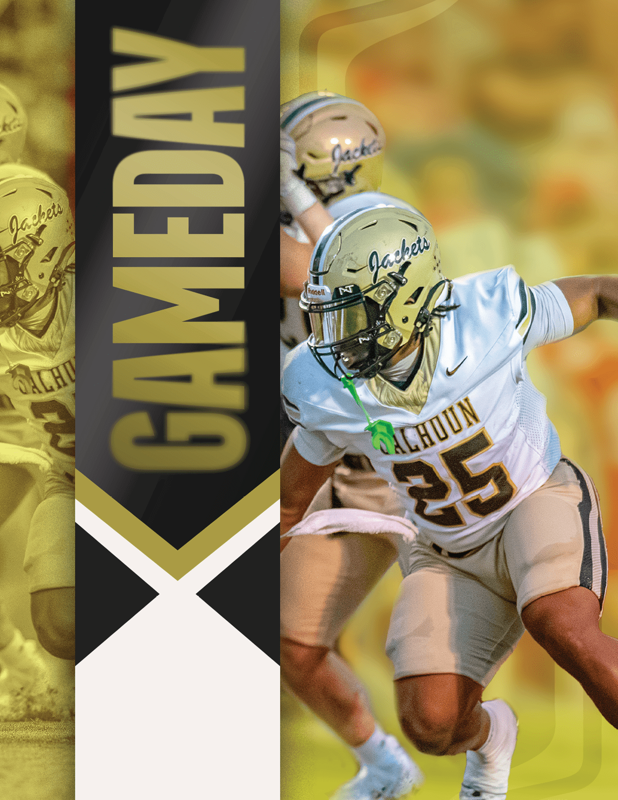 A person wearing a black and gold football uniform with the number 8 stands next to a vertical banner that reads GAMEDAY. Description generated by AI