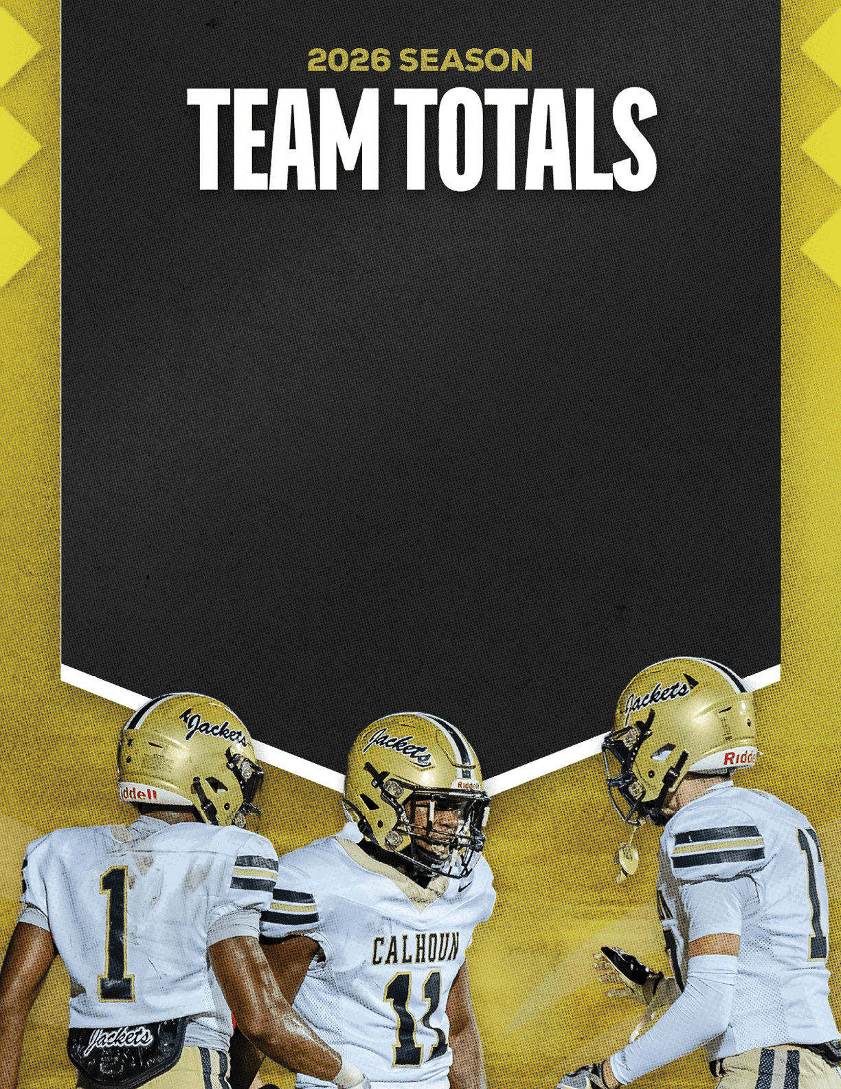 A group of people in football uniforms is running forward beneath a black and yellow banner that reads 2026 season team totals. Description generated by AI
