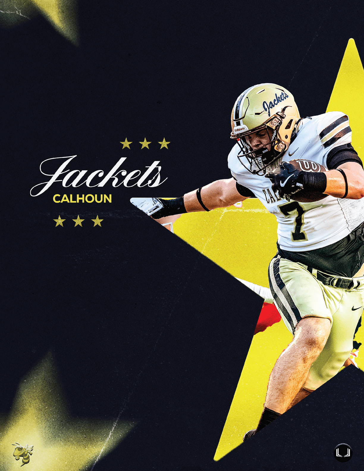 An adult in a white football uniform and helmet is running with a football on a field with the text “Fall 2026 Yellow Jackets" in bold white letters above. Description generated by AI