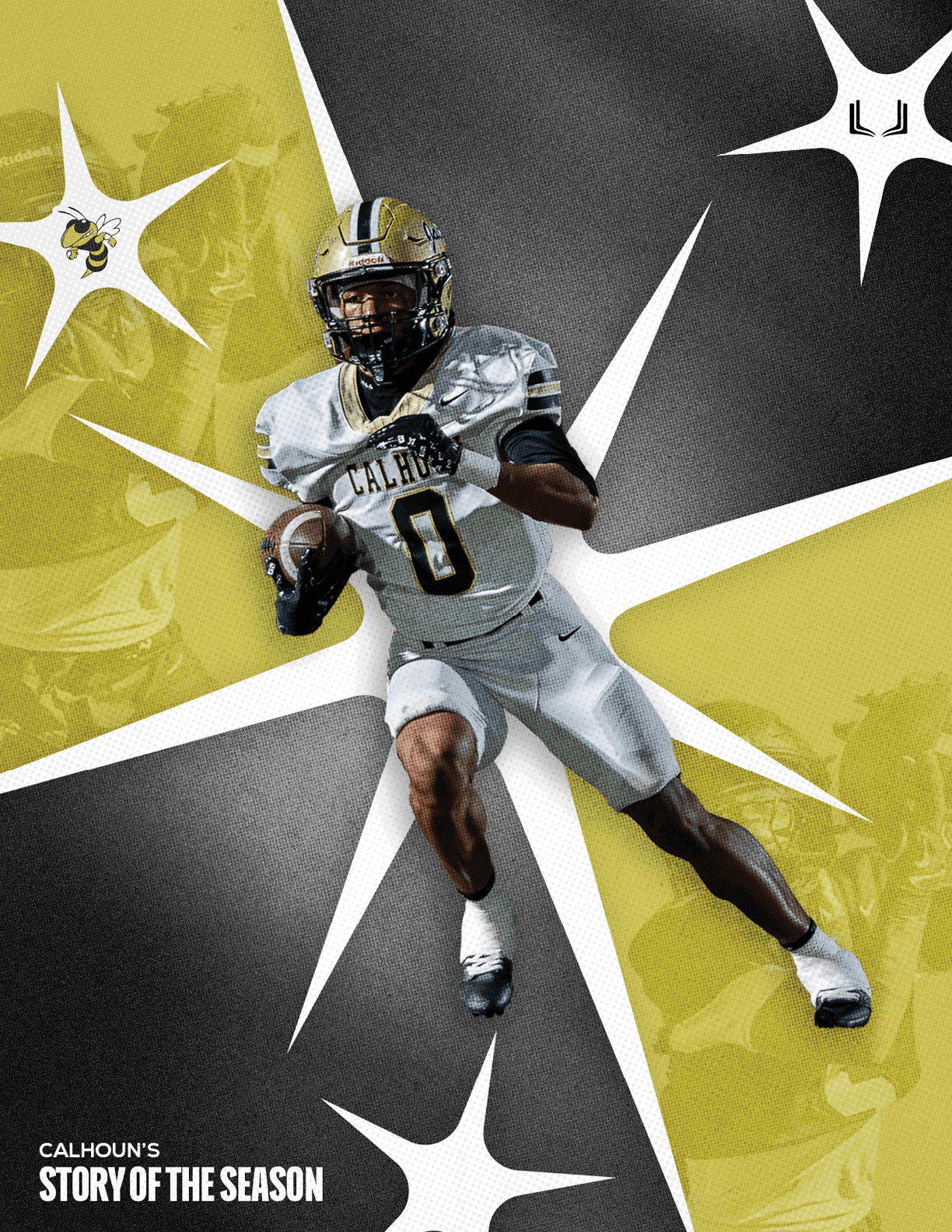An adult in a white football uniform and helmet is running with a football on a field with the text “Fall 2026 Yellow Jackets" in bold white letters above. Description generated by AI