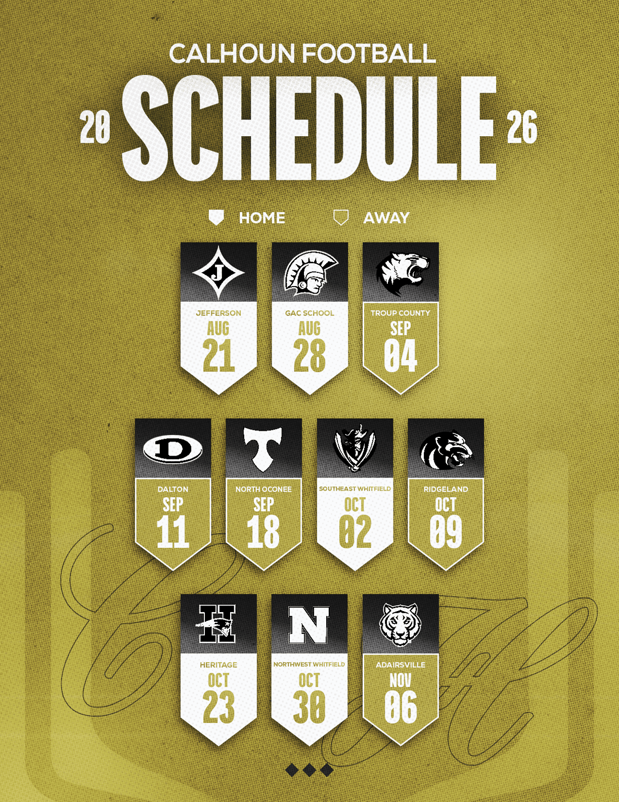 Calhoun Football 2026 schedule displayed with home and away game dates and team logos on a textured yellow background. Description generated by AI