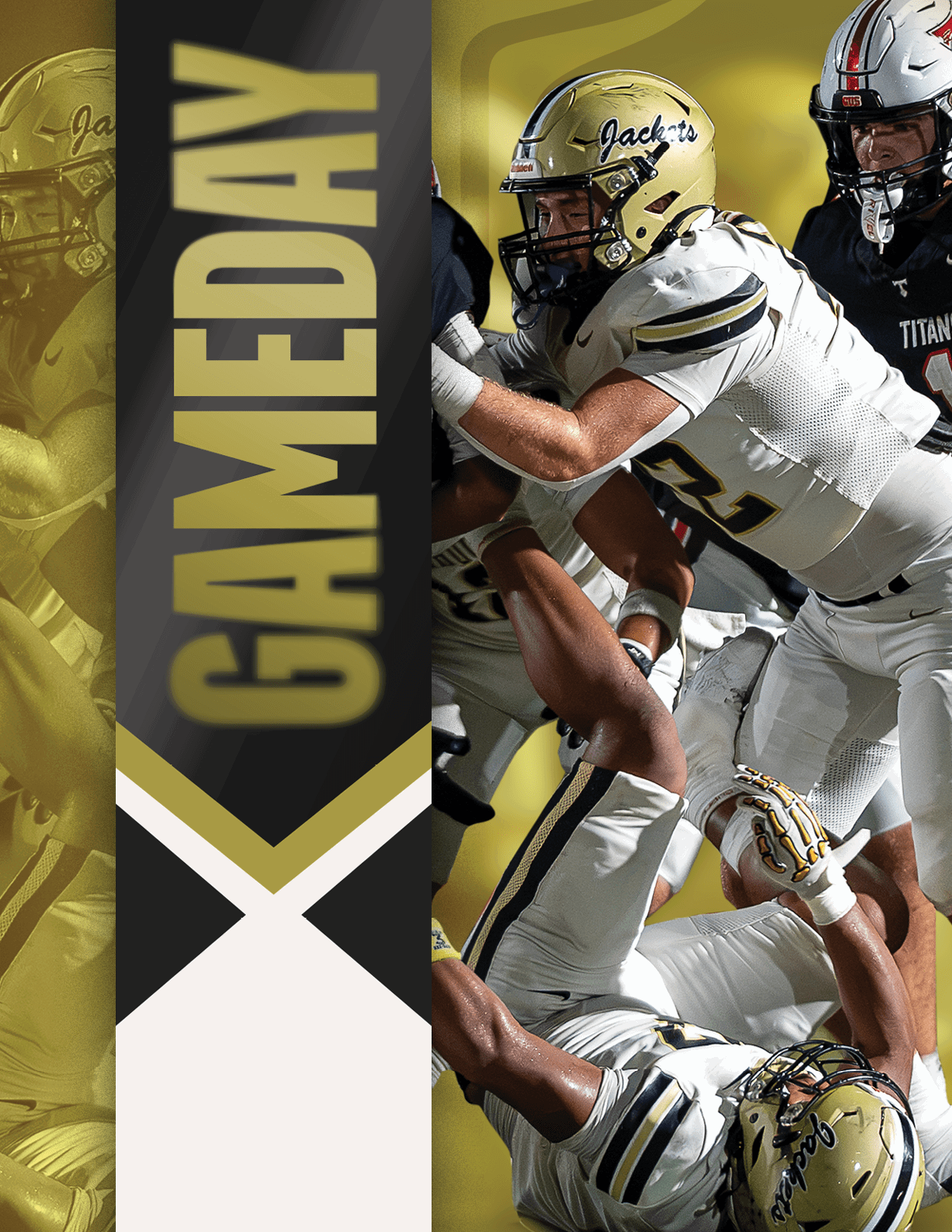 A person wearing a black and gold football uniform with the number 8 stands next to a vertical banner that reads GAMEDAY. Description generated by AI