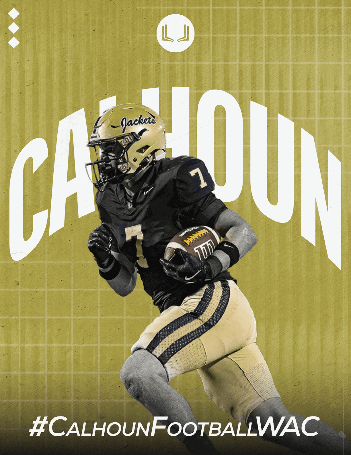 An adult in a white football uniform and helmet is running with a football on a field with the text “Fall 2026 Yellow Jackets" in bold white letters above. Description generated by AI