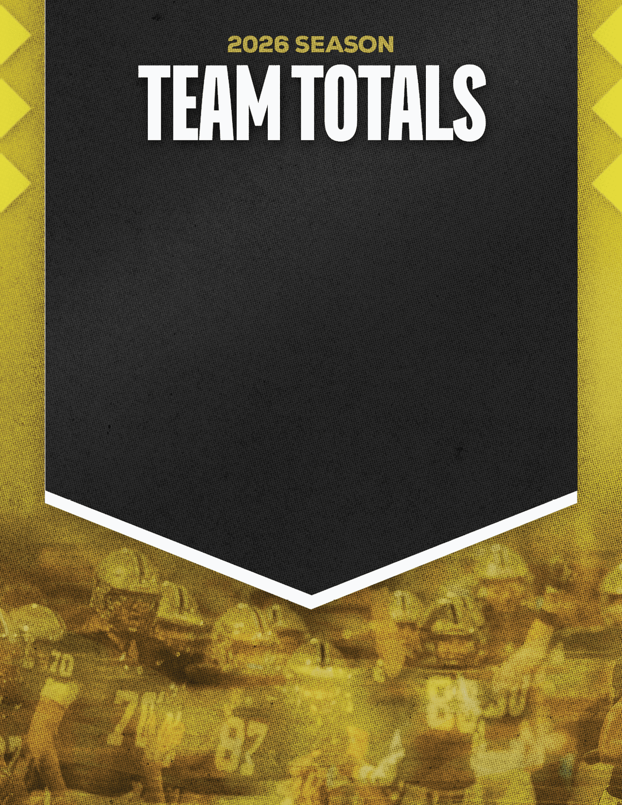 A group of people in football uniforms is running forward beneath a black and yellow banner that reads 2026 season team totals. Description generated by AI