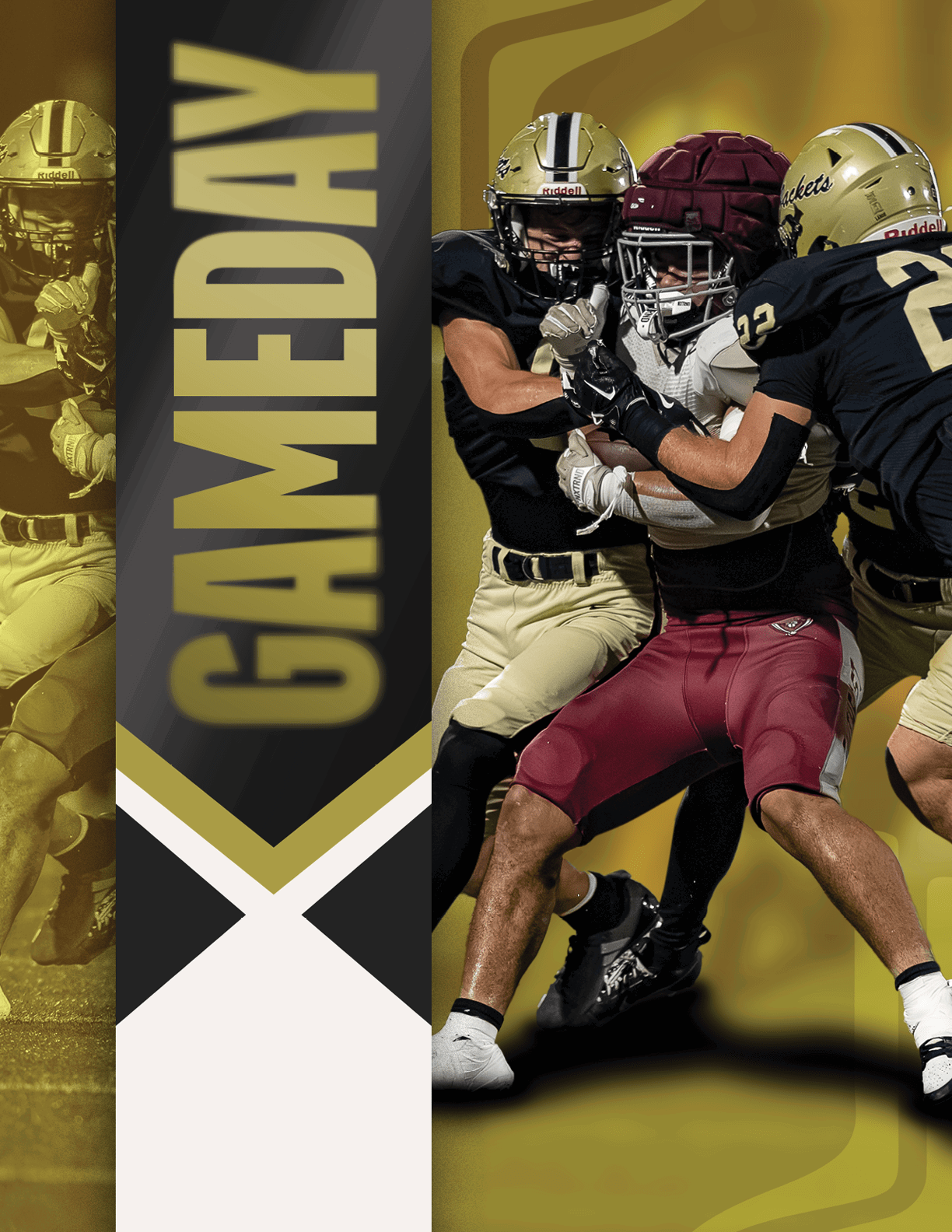 A person wearing a black and gold football uniform with the number 8 stands next to a vertical banner that reads GAMEDAY. Description generated by AI