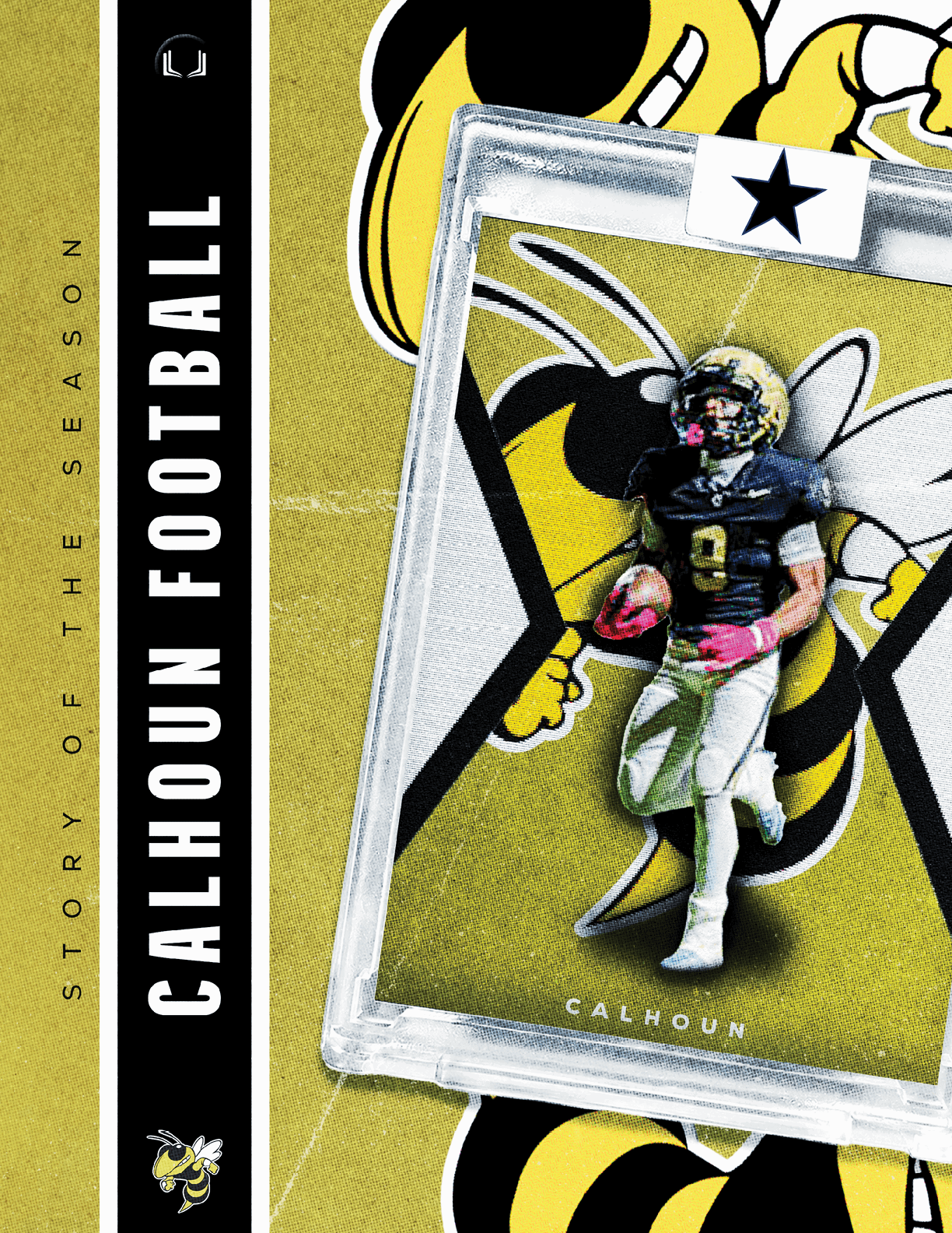An adult in a white football uniform and helmet is running with a football on a field with the text “Fall 2026 Yellow Jackets" in bold white letters above. Description generated by AI
