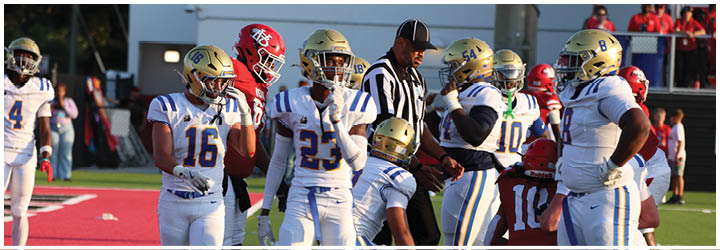 A group of football players on a field. Description generated by AI