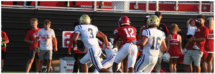 A group of football players on a field. Description generated by AI