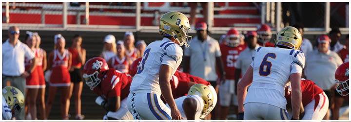 A group of football players on a field. Description generated by AI