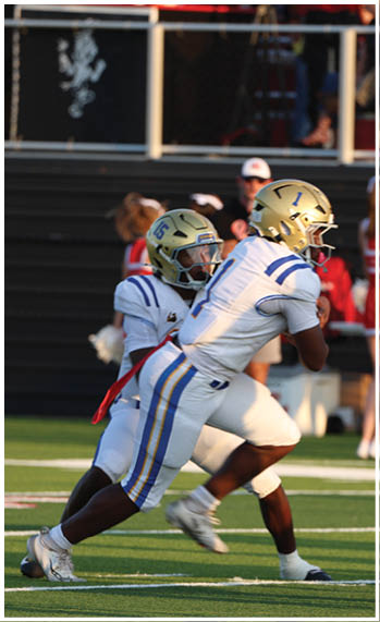 A football player running on the field. Description generated by AI
