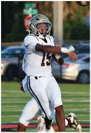 A football player running on the field. Description generated by AI