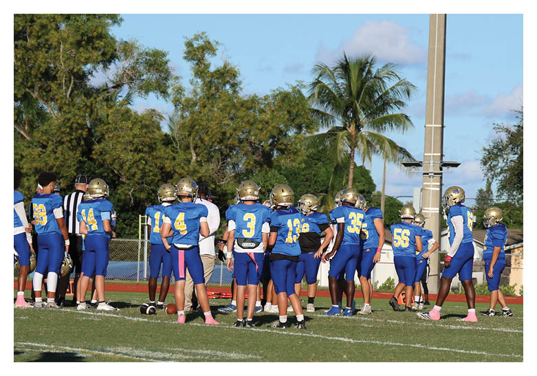 A group of football players on a field, one of them is running with a football. AI generated content