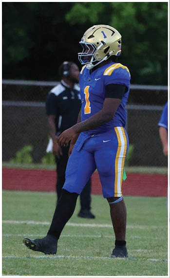 A football player running on the field. Description generated by AI