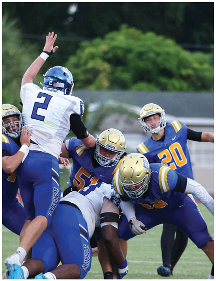 A football player wearing a blue and white uniform. Description generated by AI