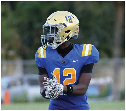 A football player wearing a blue and white uniform. Description generated by AI