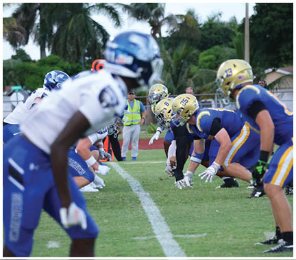 A football player wearing a blue and white uniform. Description generated by AI