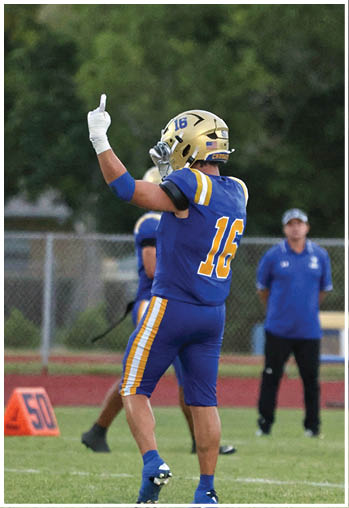 A football player running on the field. Description generated by AI