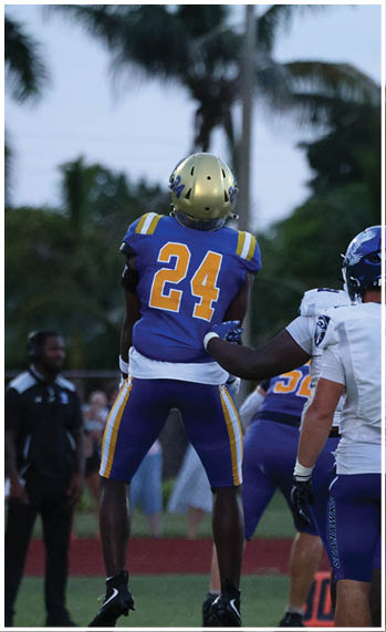 A football player running on the field. Description generated by AI