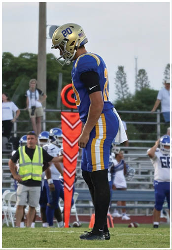 A football player running on the field. Description generated by AI