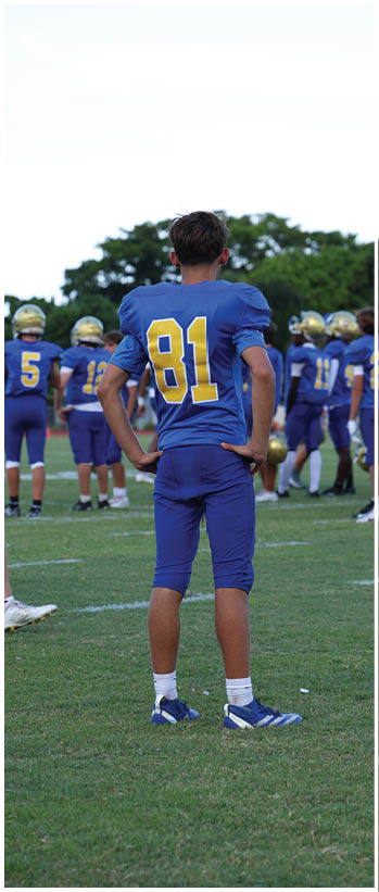 A football player running on the field. Description generated by AI