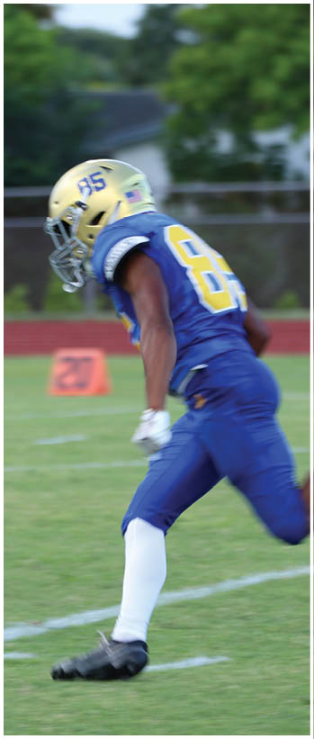 A football player running on the field. Description generated by AI