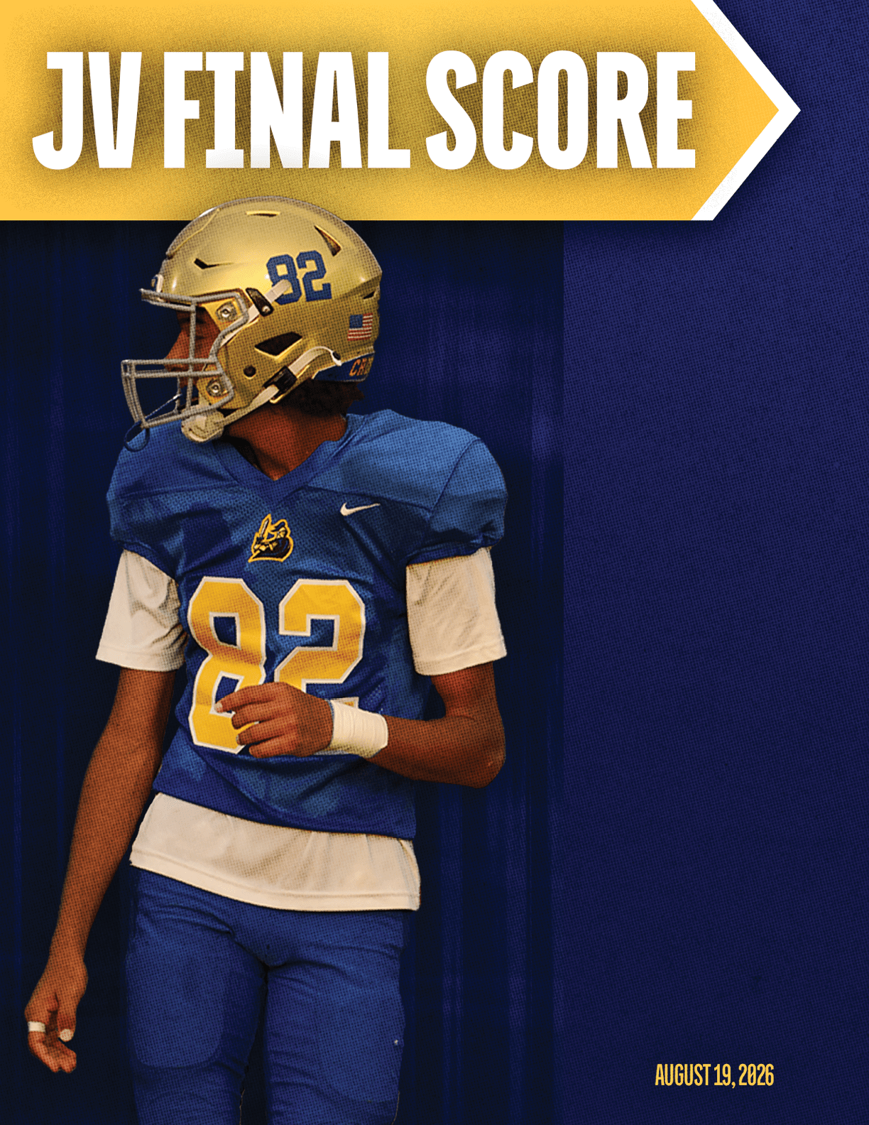 A football player with a white helmet and blue jersey. Description generated by AI
