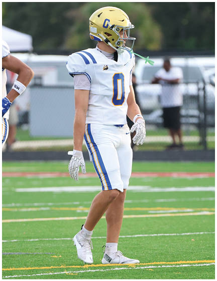A football player wearing a blue and white uniform. Description generated by AI