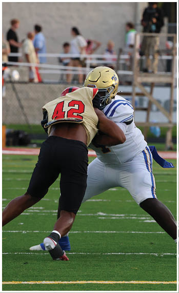 A football player running on the field. Description generated by AI
