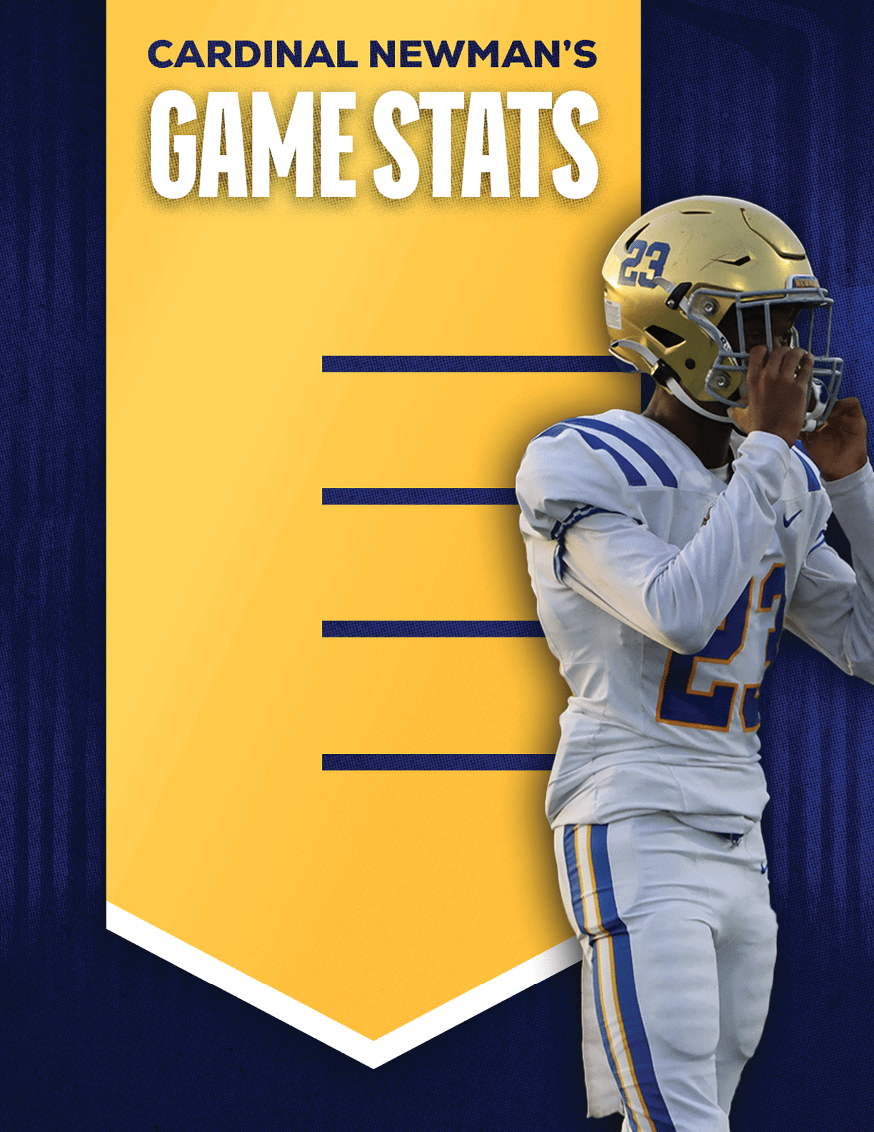 A football player wearing a blue and red jersey. Description generated by AI