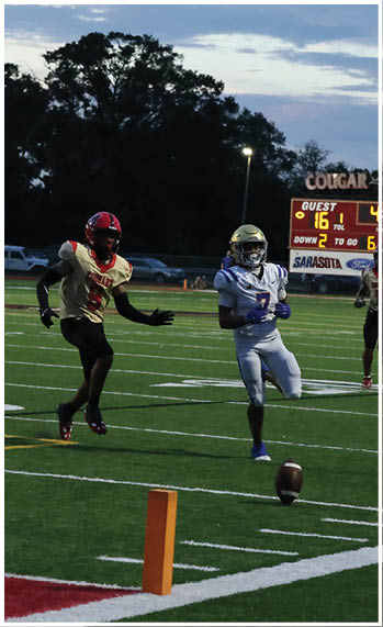 A football player running on the field. Description generated by AI