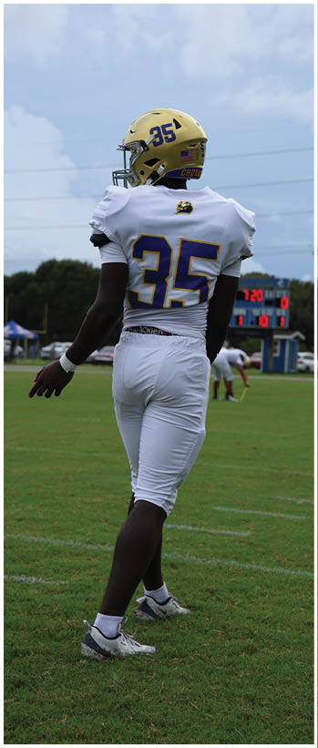 A football player running on the field. Description generated by AI