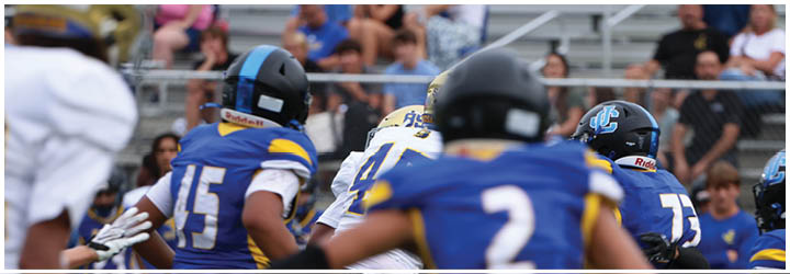 A group of football players on a field. Description generated by AI